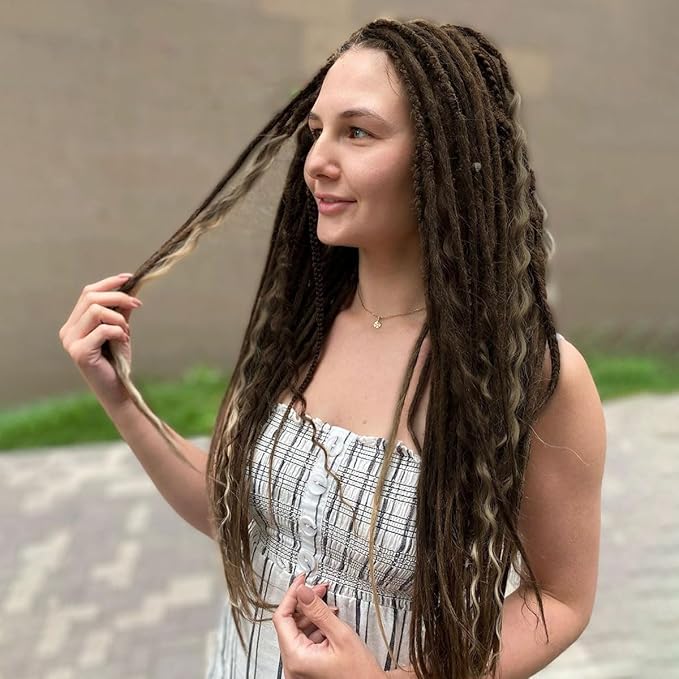 24 In 30 Strands Boho Braid Dreadlock Extensions, Ombre Deep Purple Synthetic Curly Dreads Extensions with Box Braid, 100% Handmade Dreads Hippie Style Dreadlocks for Woman