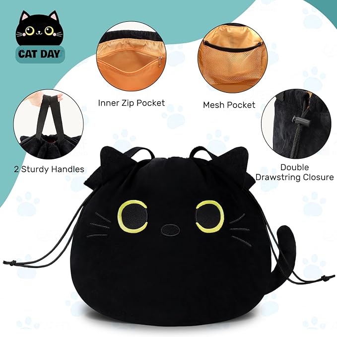 Funny Cat Drawstring Makeup Bag - Large Capacity Cute Travel Toiletry Bag Cosmetic Bag Pouch Organizer - Valentines Day Mothers Easter Birthday Unique Gifts for Women Girls Cat Lovers-Black