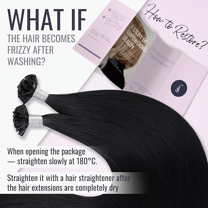 Fshine Nail Tip Hair Extensions Human Hair Jet Black 16 Inch Pre Bonded U Tip Remy Human Hair Extensions Color 1 Black Keratin Bond Real Hair Extensions Hot Fusion 50g/set 1g/s