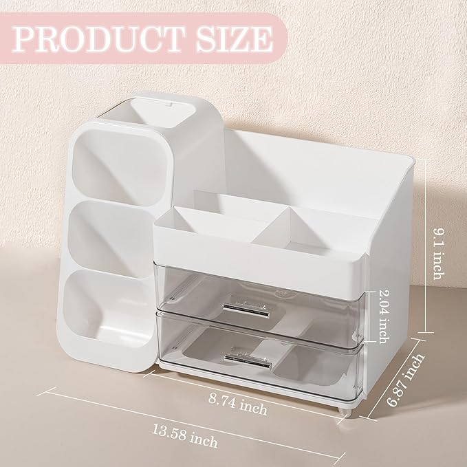 Anyoifax Makeup Organizer with Drawers Vanity Organizer Countertop with Brush Holder Large Perfume Organizer for Dresser Skin Care and Lotion Storage for Nail Polish, Lipsitck, Palettes, White