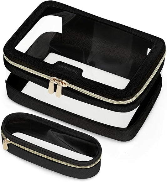 Clear Makeup Bag, Travel Clear Cosmetic Bag and Makeup Brush Bag, Transparent Portable Makeup Case, Waterproof Toiletry Bag with Zipper for Women, Black