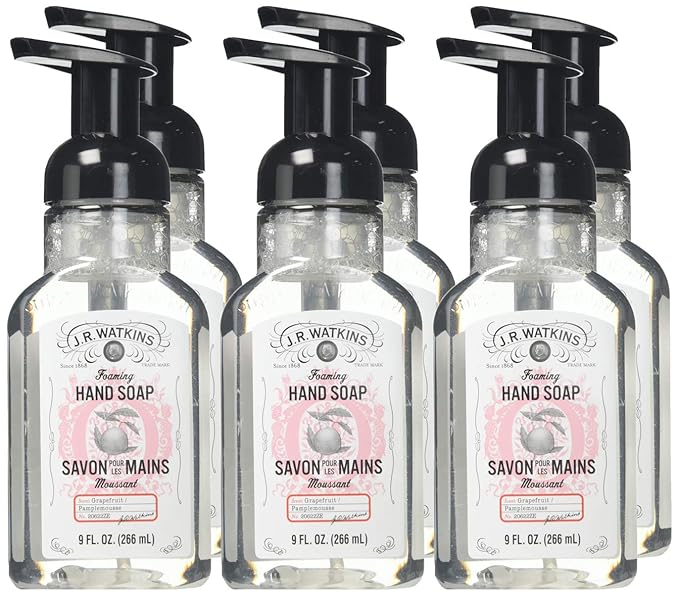 J.R. Watkins Foaming Hand Soap Pump with Dispenser, Moisturizing All Natural Hand Soap Foam, Alcohol-Free, Cruelty-Free, USA Made, Use as Kitchen or Bathroom Soap, Grapefruit, 9 fl oz, 6 Pack