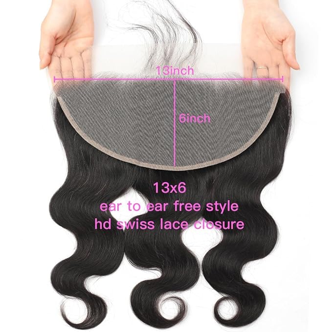 13x6 Lace Frontal Human Hair Body Wave HD Transparent Ear to Ear Frontal Closure With Baby Hair Free Part 100% Virgin Human Hair Natural Hairline 12inch
