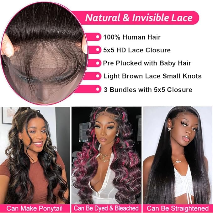 Body Wave Bundles with Closure Brazilian 3 Bundles with Closure (16 18 20+14) Unprocessed Virgin Human Hair Body Wave Bundles with 5x5 Lace Closure Free Part