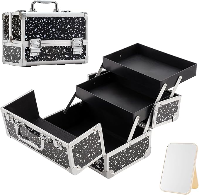 Leeora&Leekoo Makeup Train Case Cosmetic Box Portable Makeup Case Organizer 2 Trays Makeup Storage with Mirror for Cosmetologist Aesthetic Supplies Nail Tech Traveling Makeup Box (Flashing Star)