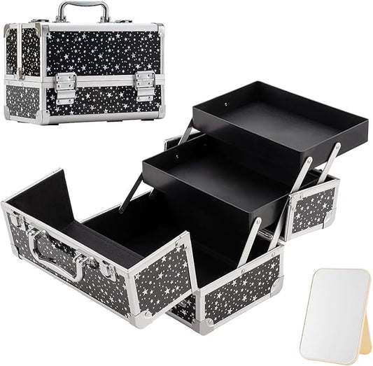 Leeora&Leekoo Makeup Train Case Cosmetic Box Portable Makeup Case Organizer 2 Trays Makeup Storage with Mirror for Cosmetologist Aesthetic Supplies Nail Tech Traveling Makeup Box (Flashing Star)