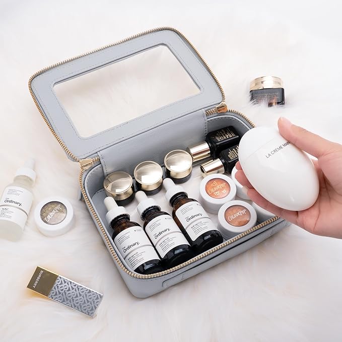 Aveniee Clear Makeup Bag for Women, Clear Cosmetic Bags Travel Toiletry Bag, Heavy Duty Makeup Organizer, Makeup Train Case with Clear Windows & Gold Zippers(Pearl Blue)