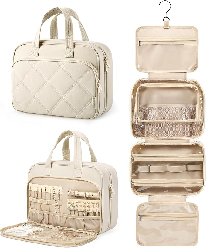 BAGSMART HangingToiletry Bag for Women, Puffy Travel Toiletry Bag with Jewelry Organizer, Waterproof Cosmetic Makeup Bag Compartment, Toiletries Kit Set for Traveling, Accessories, Essentials (Large)