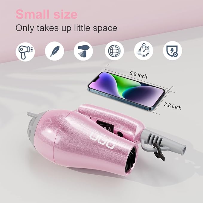 DAN Technology Hair Styling Set, Including Travel Hair Dryer, Mini Flat Iron, and Travel Curling Iron with European Plug, Dual Voltage, Portable Storage Bag, Pink