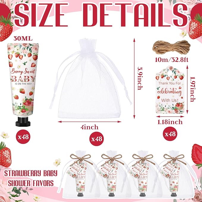 48 Sets Strawberry Hand Cream Gifts Baby Shower Party Hand Cream Favors for Guests Berry Sweet Baby Is on the Way Gift Bulk Travel Size Hand Lotion Set for Guest