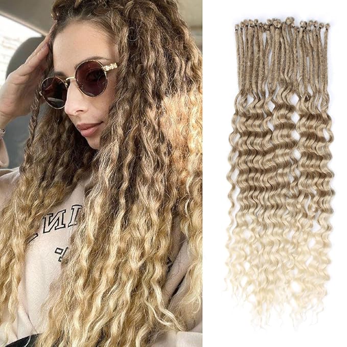 24 In 30 Strands Curly Dreadlock Extensions, Brown to Blonde Synthetic Single Ended Dreads Extensions, 100% Handmade Dreads Hippie Style Dreadlocks for Woman