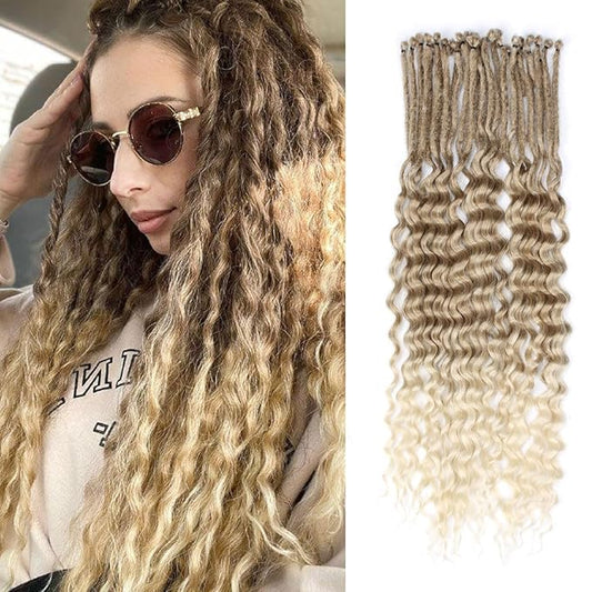 24 In 30 Strands Curly Dreadlock Extensions, Brown to Blonde Synthetic Single Ended Dreads Extensions, 100% Handmade Dreads Hippie Style Dreadlocks for Woman