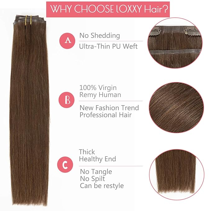 Loxxy Tape Clip In Hair Extensions Natural Thick End Glam Seamless Hair Extensions Clip in Human Hair For Women Silky Straight Full Head Dark Brown Color 7 Pieces 110Gram 16inch