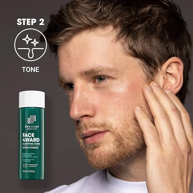 Mens Skincare Routine with Free Wash Bag, including Daily Face Wash, Clarifying Toner, Anti-Ageing Serum, Daily Moisturiser, plus Wash Bag. Aka. SHAKEUP FACE 4WARD DELUXE KIT