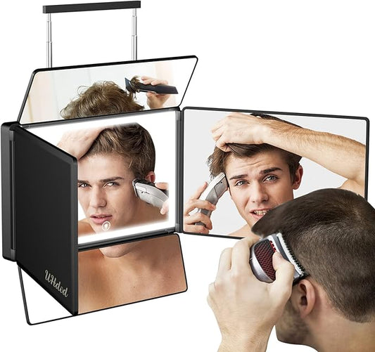 UHdod 5 Way Mirror for Hair Cutting with LED Light, 360° Barber Mirrors with Adjustable Height Brackets, Makeup Mirror for Self Cut, Shaving, Grooming, Good Gifts for Men Women