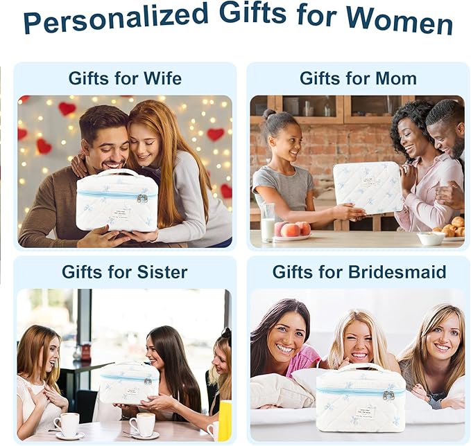 3Pcs Makeup Bag Cotton Quilted Travel Cosmetic Bag Cute Floral Makeup Pouch Large Toiletry Bag for Women Girls (Bow-Blue)