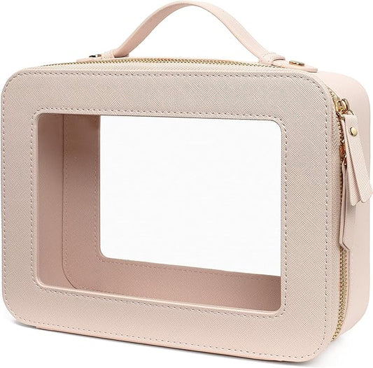 Clear Makeup Bags TSA Approved Toiletry Bag Handle Large Opening,Clear Toiletry Bags for Carry-on Traveling Travel Car Accessories Essentials Organziation Storage for Women Girls(Off White, Large)