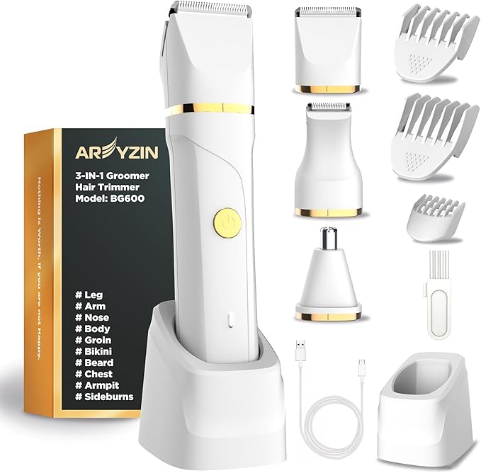 Areyzin Bikini Trimmer - Electric Razor for Women, 3 in 1 Pubic Hair Trimmer, USB Recharge Dock, Replaceable Ceramic Blade Heads, IPX7, White