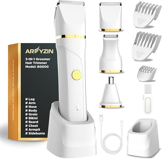 Areyzin Bikini Trimmer - Electric Razor for Women, 3 in 1 Pubic Hair Trimmer, USB Recharge Dock, Replaceable Ceramic Blade Heads, IPX7, White