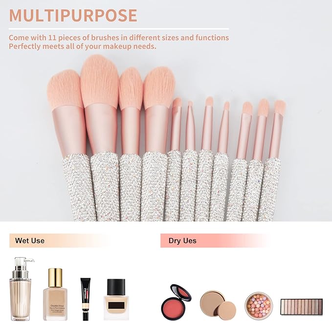 Professional Makeup Brushes Set 11PCS Bling Rhinestone Face Cosmetics Blending Liquid Foundation Powder Concealer Eye Shadows Make Up Beauty Tool Glitter (White)