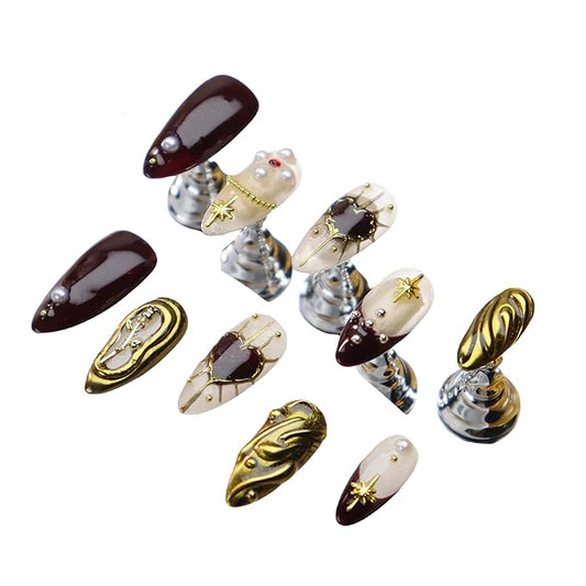 Almond Press on Nails Handmade Medium Long/Stiletto 3D Flower Fake Nail with Designs, Women Reusable False Nails (Golden Rose, S)