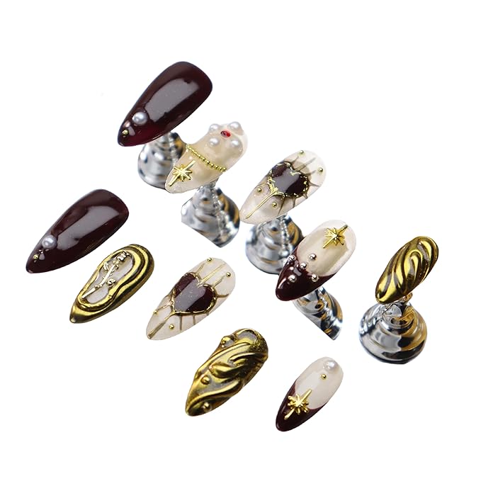 Almond Press on Nails Handmade Medium Long/Stiletto 3D Flower Fake Nail with Designs, Women Reusable False Nails (Golden Rose, M)