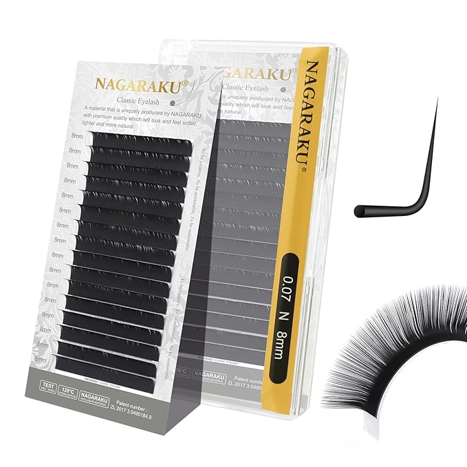 NAGARAKU Eyelash Extensions Individual Lashes Extensions Classic Lash Matte Black 16 Rows Soft Natural Matte Black Professional Beauty Salon Lashes Supplies - 0.07N 8mm