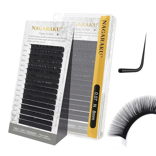 NAGARAKU Eyelash Extensions Individual Lashes Extensions Classic Lash Matte Black 16 Rows Soft Natural Matte Black Professional Beauty Salon Lashes Supplies - 0.07N 8mm