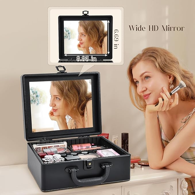Joligrace Travel Makeup Case with Mirror, Makeup Organizer Case, PU Leather Makeup Train Case Portable Vanity Case Make up Box Countertop Storage Bag for Women,with Adjustable Dividers & Brush Holder