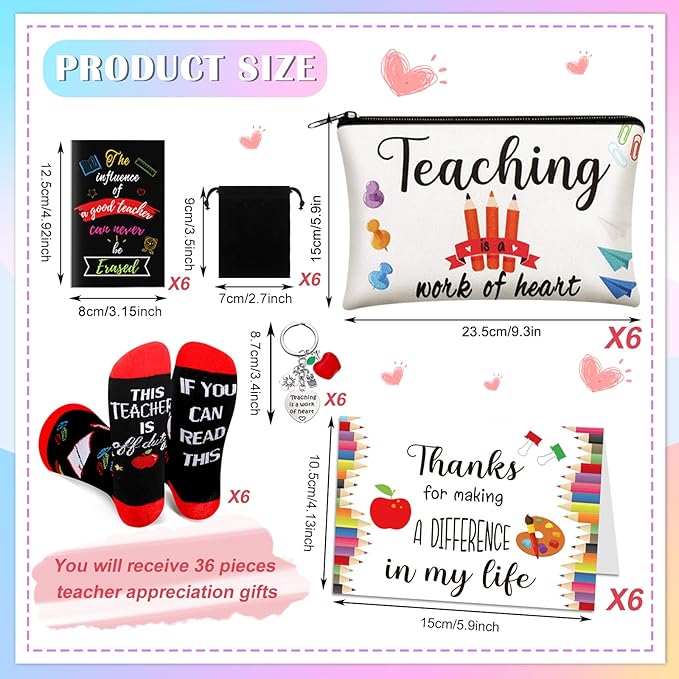 Eaasty 36 Pcs Bulk Teacher Appreciation Gifts Set Teacher Makeup Bag Pouch Cosmetic Pencil Bag Teacher Keychains Inspirational Notebooks Teacher Appreciation Socks Graduation Gift for Teacher
