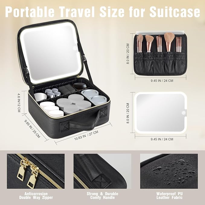 Travel Makeup Bag with Removable Mirror and Light, LED Lighted Make up Train Case, Cosmetic Organizer with PU Leather, 3 Colors Dimming Light, Adjustable Dividers & Brush Storage Board, Gift for Women