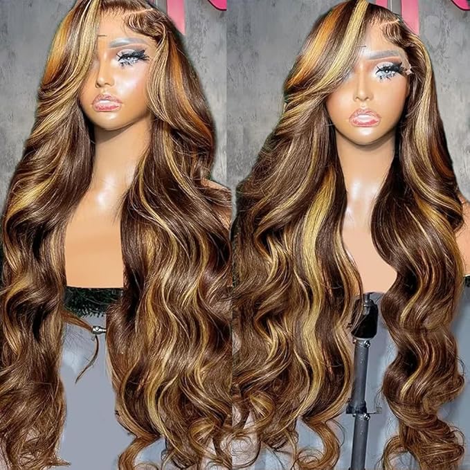 4/27 Highlight Lace Front Wigs Human Hair Ombre Body Wave Human Hair Wigs for Women 13x4 HD Lace Front Wigs Human Hair 180 Density Honey Blonde Wig Human Hair Glueless Wigs Pre Plucked 30 Inch