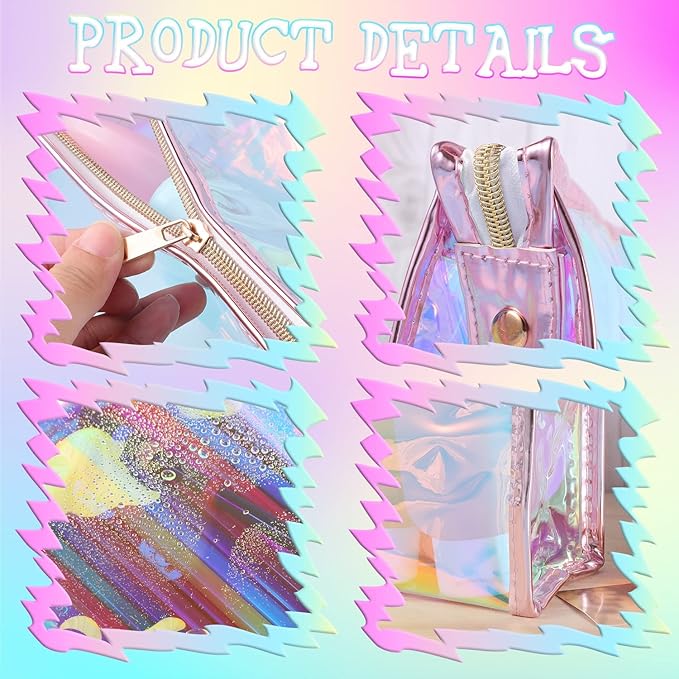 BESARTE 10 Pcs Holographic Makeup Bags Bulk, Mother's Day Gifts for Women Clear Portable Zippered Toiletry Bag Waterproof Cosmetic Bags Wedding Gifts for Bride Bridesmaids
