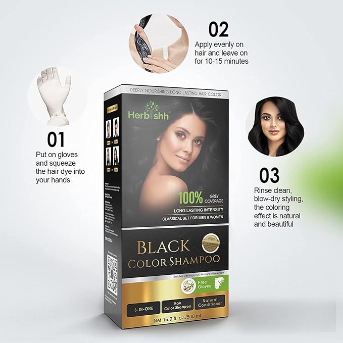 Combo Pack - 2pcs Herbishh Hair Color Shampoo + 1pc Argan Intense Hair Mask - Long-lasting Gray Hair Dye - 500ml - Stimulates Dry, Frizzy Hair (Black)