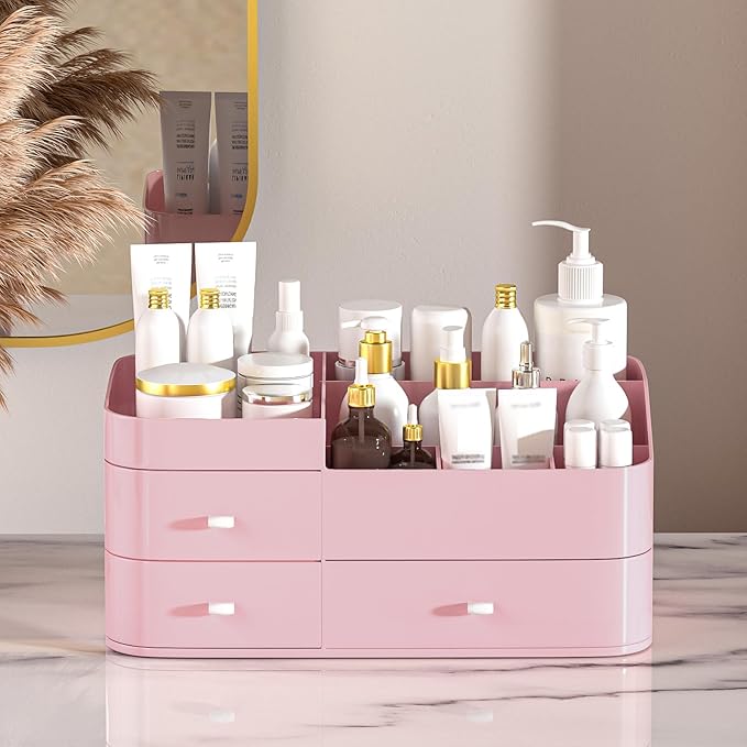 MIUOPUR Makeup Organizer for Vanity, Large Capacity Desk Organizer with Drawers for Cosmetics, Lipsticks, Jewelry, Nail Care, Skincare, Ideal for Bedroom and Bathroom Countertops - Large Pink