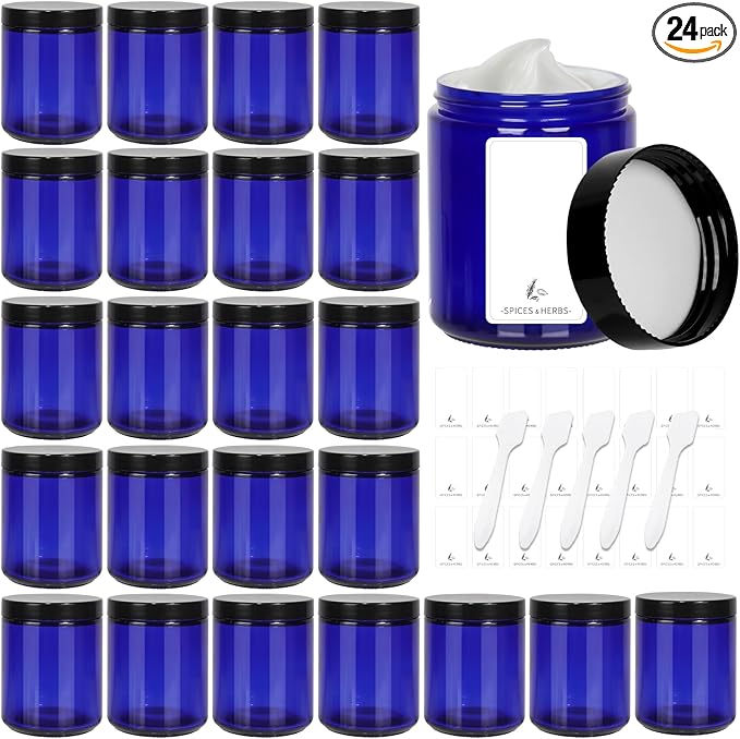 Betrome 24 Pack 8oz Blue Glass Jars with Black Plastic Lids, Round Empty Cosmetic Jars for Beauty Items, Craft, Food Storage, Canning