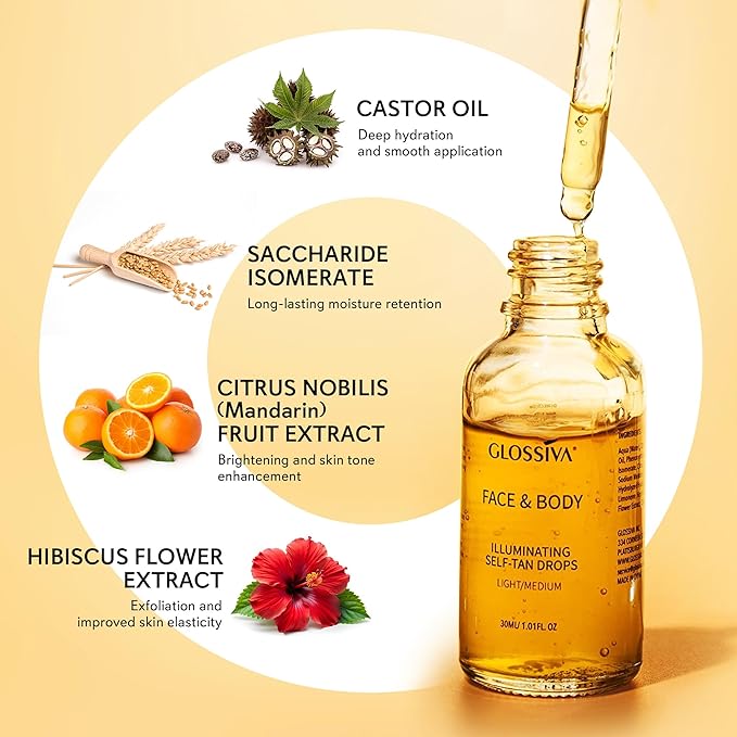 Self Tanning Drops - Sunless Tan for a Sun-Kissed Bronze - Beauty Skin Self Tanner - Gradual Glow for Face and Body - Long-Lasting for a Week, 1.01 Fl Oz