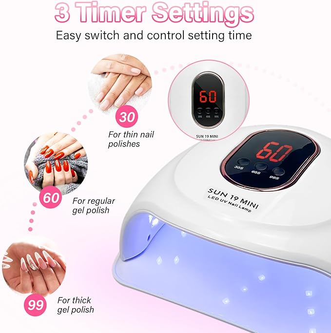 LED Nail Lamp with Gloves Nail Files Cuticle Trimmers, 3 Timers Auto Sensor Gel Polish Curing Dryer Light with Display Detachable Base
