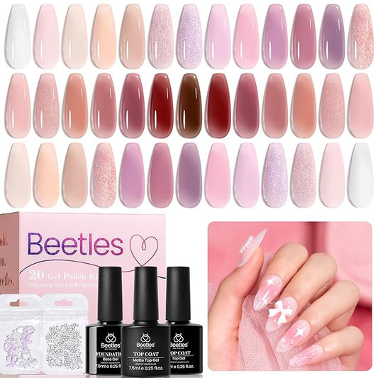 Beetles Jelly Gel Nail Polish Set, 25PCS 20 Colors Sheer Neutral Nude Pink Glitter Milky White Gel Nail Kit Soak Off UV with Base Glossy Matte Top Coat Pearls Rhinestones Nail Charms Gift for Women