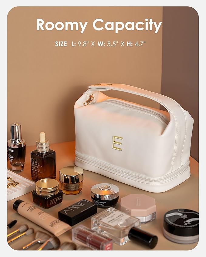 Birthday Gifts for Girls, Makeup Bags, Personalized Double Layer Cosmetic Bag with Makeup Brush Organizer, Gift for Her，PU Leather Travel Toiletry Bag, Travel Stuff for Girls