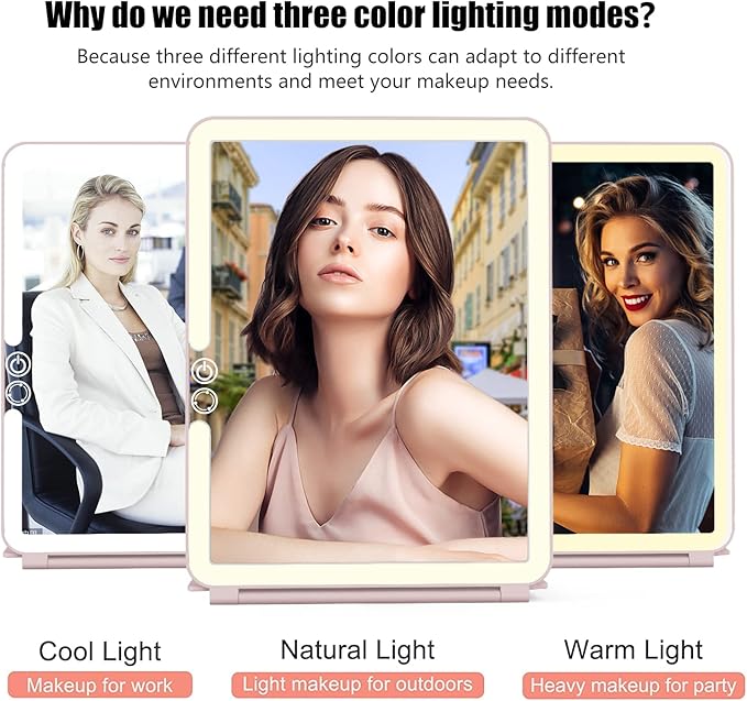 WEILY Makeup Mirror with Lights, 2000 mAh USB Rechargeable Lighted Makeup Mirror, Touch Screen 3 Colors Adjustable 72 LED Lights Compact Travel Mirror, Gift for Girls Women (Pink)