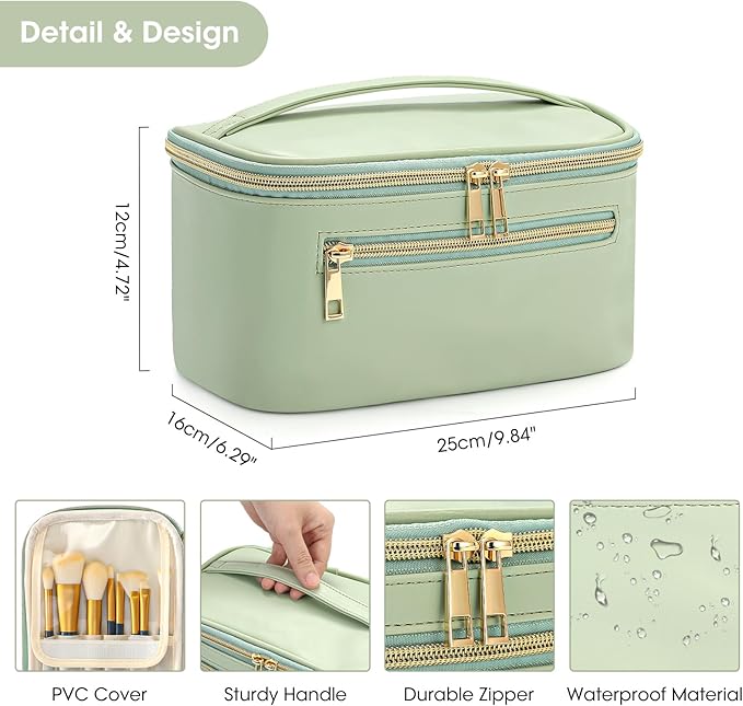 Travel Makeup Bag Organizer, Large Capacity Cosmetic Pouch for Women, Waterproof Make Up with Divider, Clamshell Makeup Case Make Up Bag with Handle and Metal Zipper, Travel Essentials Green