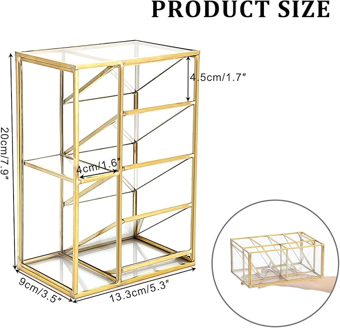 ELLDOO Rollerball Perfume Organizer, 6 Compartment Clear Glass Perfume Storage Holder Vintage Beauty Scent Holder, Metal Makeup Lipgloss Lipstick Display Case