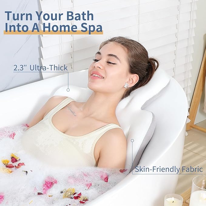 Luxury Bath Cushion, Full Body Bathtub Pillow with 160 Suction Cups, Bath Mat for Head and Neck Support, with Laundry Bag (White, 51.2" x 16.2")