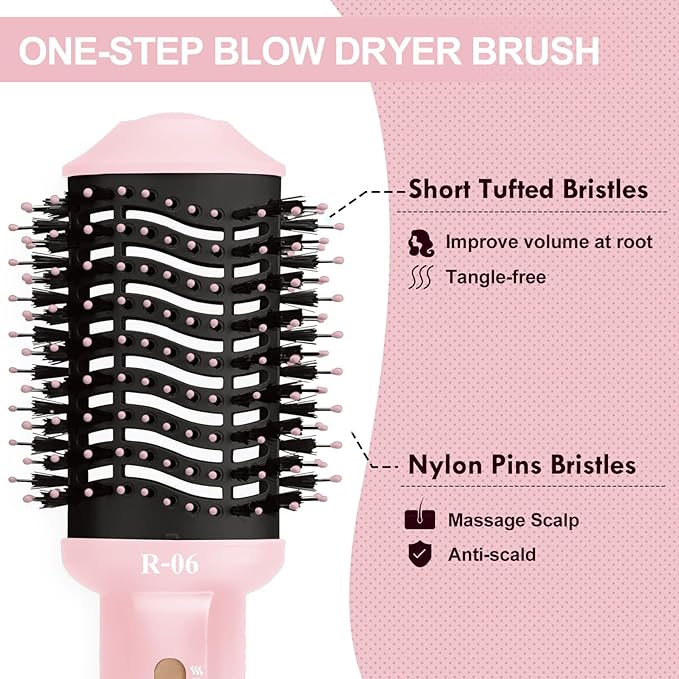 Hair Dryer Brush Blow Dryer Brush in One, 4 in 1 Hair Dryer and Styler Volumizer with Oval Barrel, Professional Salon Hot Air Brush for All Hair Types, Bright Pink