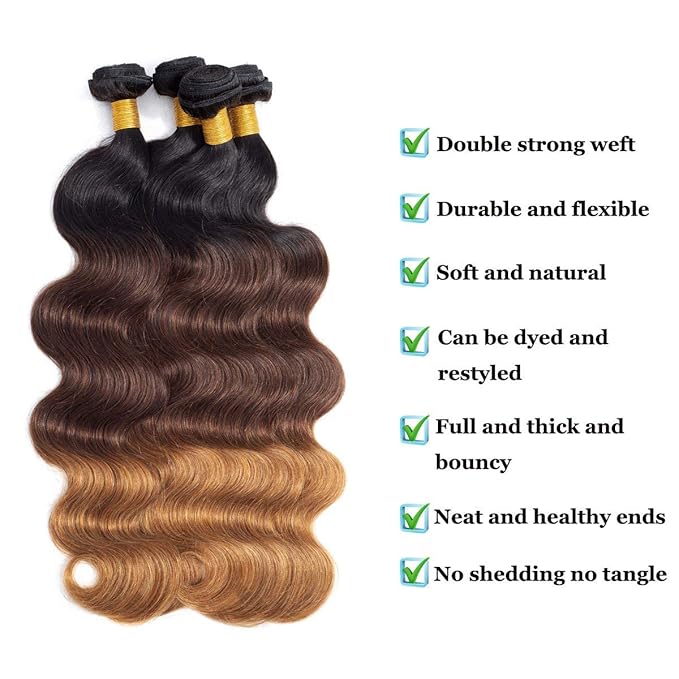 Ombre Body Wave Bundles Brazilian Virgin Human Hair Bundles Ombre Human Hair Extensions 3 Tone Mixed 1B/4/30 Color (14 16 18) Ombre Bundles Body Wave 3 Bundles