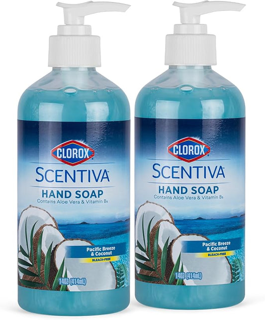 Clorox Scentiva Liquid Hand Soap 14 oz Liquid Hand Wash with Vitamin B5 | Bleach Free Scented Hand Soap for Kitchen or Bathroom, Pacific Breeze & Coconut Scent with Aloe Vera, 14 Fl Oz - 2 Pack