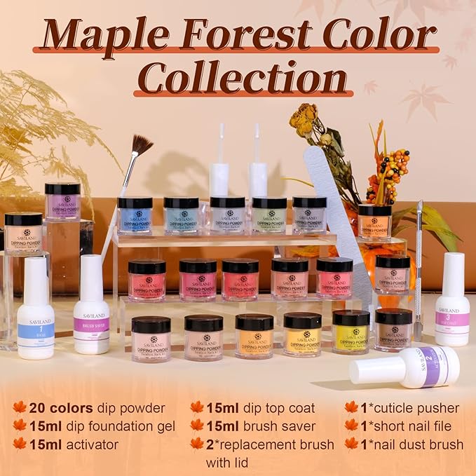 SAVILAND Dip Powder Nail Kit Starter, Orange Brown Glitter, 20 Fall Dipping Powder Colors Set with Base Top Coat Activator French Halloween Nail Art Liquid Manicure DIY Salon Home Gifts for Women