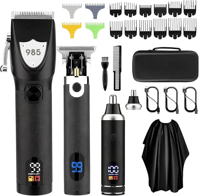Mens Hair Clippers for Men, Electric Barber Clippers Set, Nose Hair Beard Trimmer, Hair Cutting Barber Clippers with Guards, T Liners Edgers Clippers for Mens (Black)