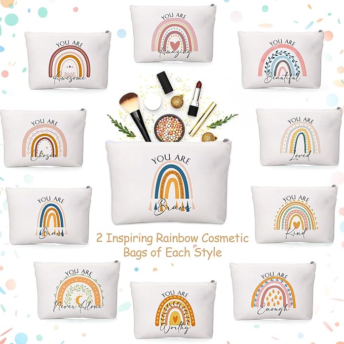 Coume 20 Pcs Inspirational Rainbow Canvas Makeup Bags Bulk Appreciation Quotes Cosmetic Bags Zipper Personalized Encouragement Travel Pouch Toiletry Bag for Women Teacher Nurse Friend(Rainbow)
